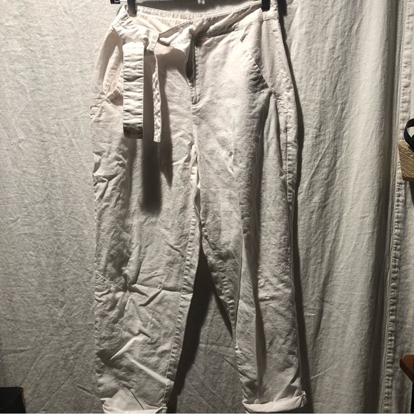 ASOS linen blend pant wide leg crop rolled hem side tie and button zip closure 6 - Picture 1 of 7